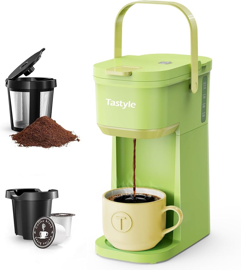 Tastyle Single Serve One Cup Coffee Maker, for K Cups and Grounds, Mini Coffee Maker with Portable Handle, 6 to 12 Oz Brew Size, for Travel, Camping, Office, RV and Dorm, 120V, Lime Green - Image 1